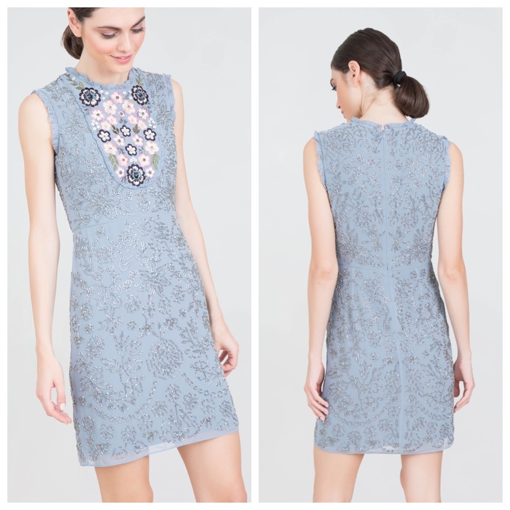 Needle & Thread Folk Bib Floral Sequin Shift Dress Size 0